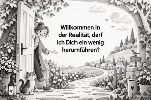Eine Frau öffnet neben einer Katze die Tür zu einem blühenden Dorfweg; darüber steht "Willkommen in der Realität".