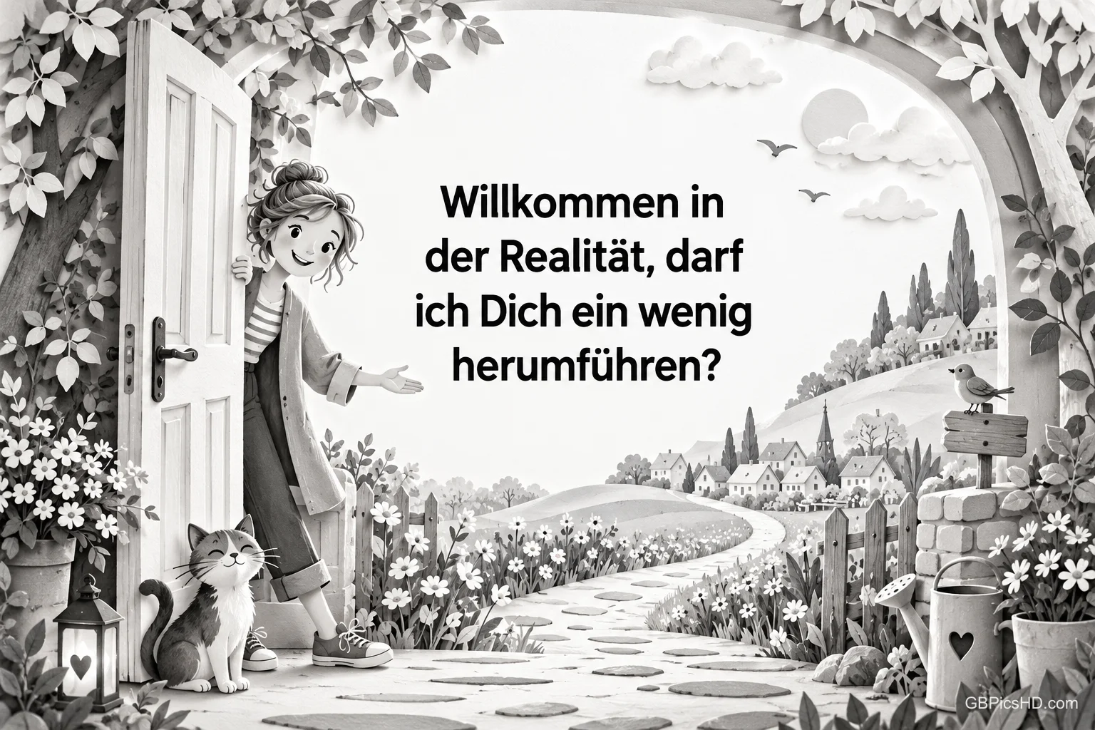 Eine Frau öffnet neben einer Katze die Tür zu einem blühenden Dorfweg; darüber steht "Willkommen in der Realität".