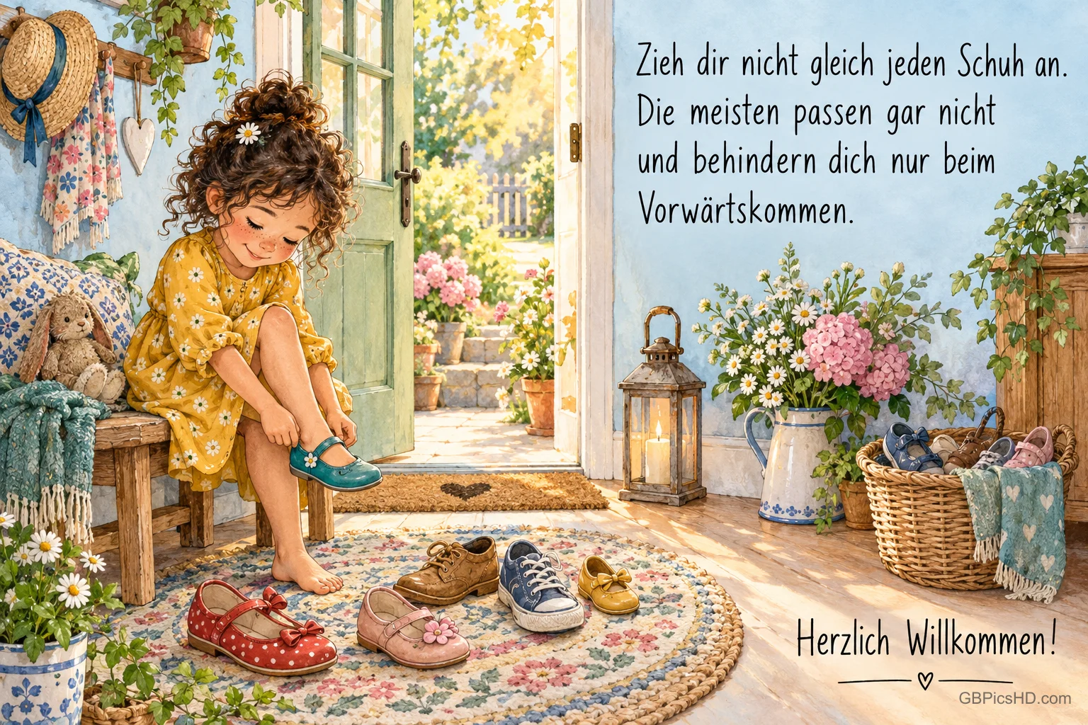 Ein Mädchen zieht einen grünen Schuh an; weitere Schuhe liegen auf dem Teppich, rechts steht "Herzlich willkommen!".