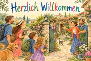Unter "Herzlich willkommen" begrüßt ein Paar eine Familie mit Hund am offenen Gartentor zwischen vielen Blumen.
