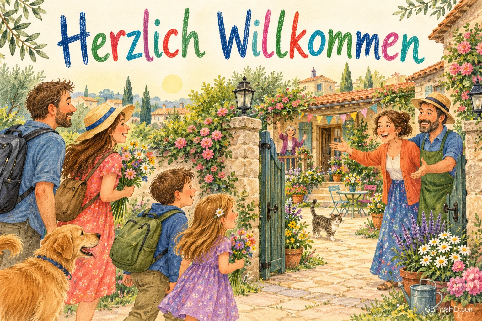 Unter "Herzlich willkommen" begrüßt ein Paar eine Familie mit Hund am offenen Gartentor zwischen vielen Blumen.