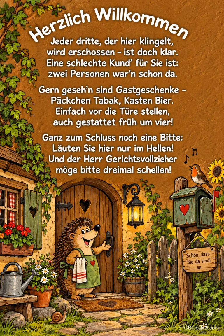 Ein Igel mit Schürze steht vor einer Holztür unter "Herzlich willkommen"; daneben sind Blumen, ein Briefkasten und ein Vogel.