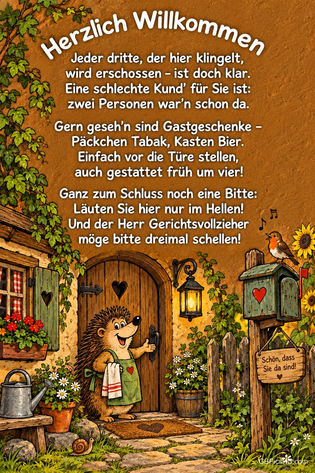 Ein Igel mit Schürze steht vor einer Holztür unter "Herzlich willkommen"; daneben sind Blumen, ein Briefkasten und ein Vogel.