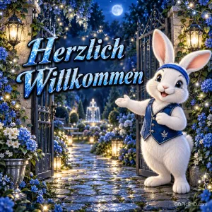 Ein weißes Kaninchen mit blauer Weste begrüßt am offenen Gartentor unter "Herzlich willkommen", umgeben von Blüten und Lichtern.