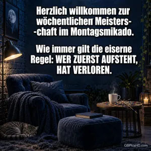 Über Sessel, schlafender Katze und einem Tisch mit Tasse und Mikadostäben steht "WER ZUERST AUFSTEHT, HAT VERLOREN.".