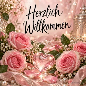 Rosa Rosen, ein gläsernes Herz und eine Laterne umrahmen den Gruß "Herzlich willkommen".
