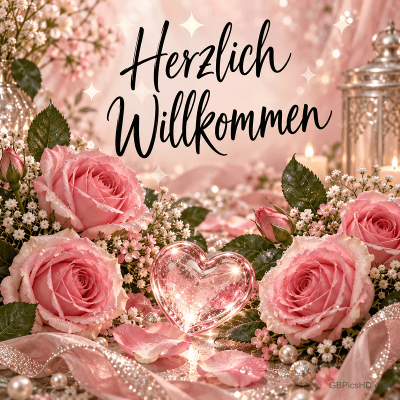 Rosa Rosen, ein gläsernes Herz und eine Laterne umrahmen den Gruß "Herzlich willkommen".