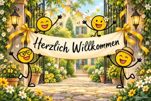 Vier gelbe Smileyfiguren halten am offenen Gartentor ein Banner mit "Herzlich willkommen".