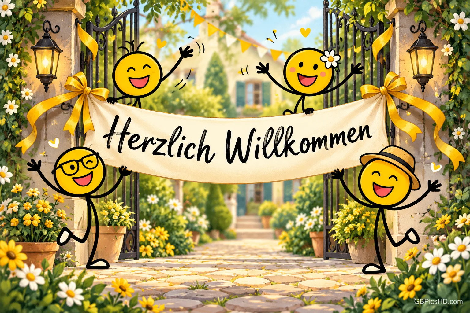 Vier gelbe Smileyfiguren halten am offenen Gartentor ein Banner mit "Herzlich willkommen".