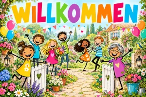 Fröhliche gezeichnete Menschen begrüßen Gäste im Blumengarten unter dem bunten Schriftzug "WILLKOMMEN".