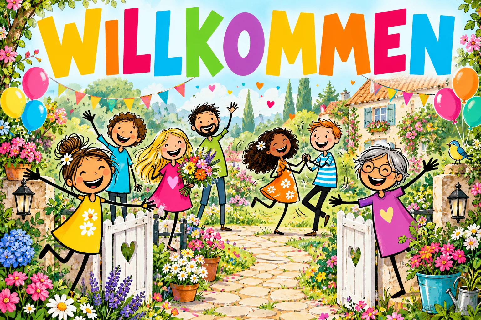 Fröhliche gezeichnete Menschen begrüßen Gäste im Blumengarten unter dem bunten Schriftzug "WILLKOMMEN".