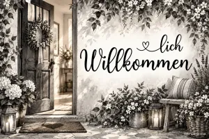Eine offene Haustür, Blumen und Laternen begleiten den Gruß "Herzlich willkommen" in einem sepiafarbenen Motiv.