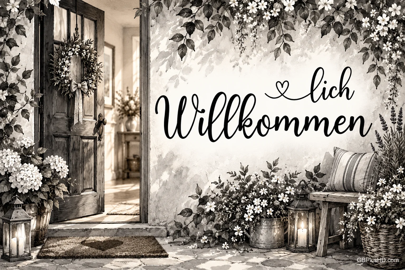 Eine offene Haustür, Blumen und Laternen begleiten den Gruß "Herzlich willkommen" in einem sepiafarbenen Motiv.