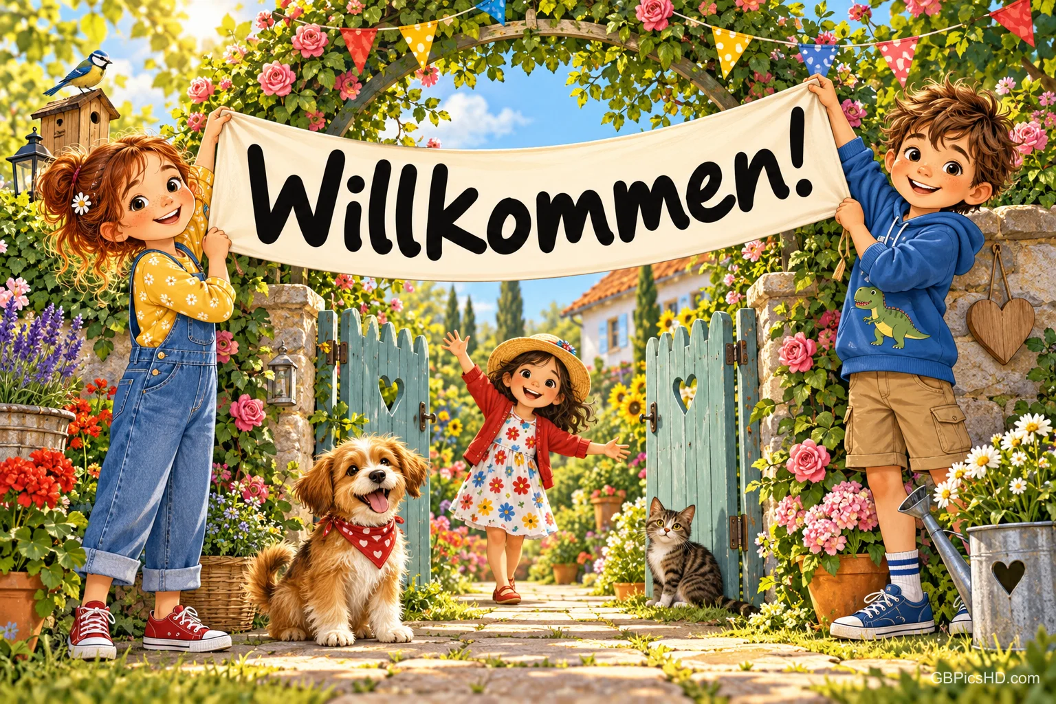 Zwei Kinder halten ein Banner mit "Willkommen!", während ein weiteres Kind, ein Hund und eine Katze im Garten warten.
