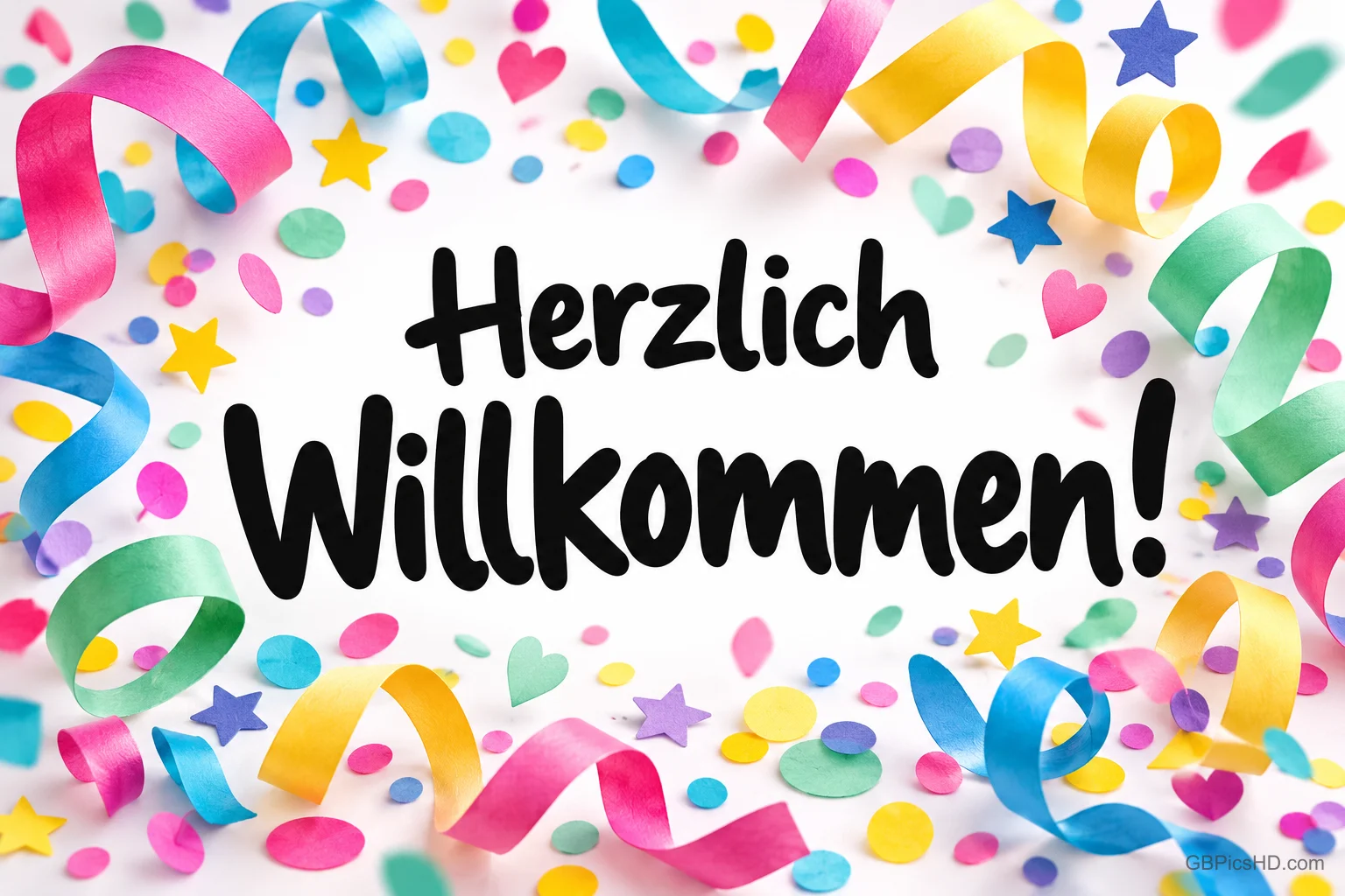 Bunte Luftschlangen, Konfetti, Sterne und Herzen umgeben den schwarzen Gruß "Herzlich willkommen!".