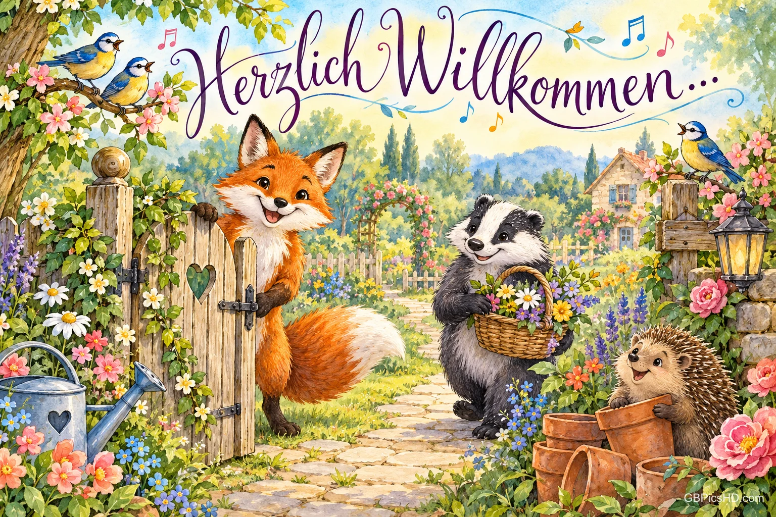 Fuchs, Dachs und Igel stehen im blühenden Garten unter "Herzlich willkommen...", begleitet von kleinen Vögeln.