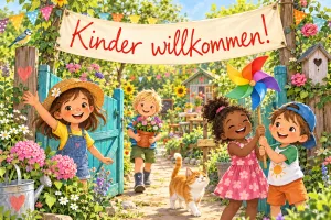Vier Kinder, eine Katze und ein buntes Windrad beleben den Blumengarten unter dem Banner "Kinder willkommen!".