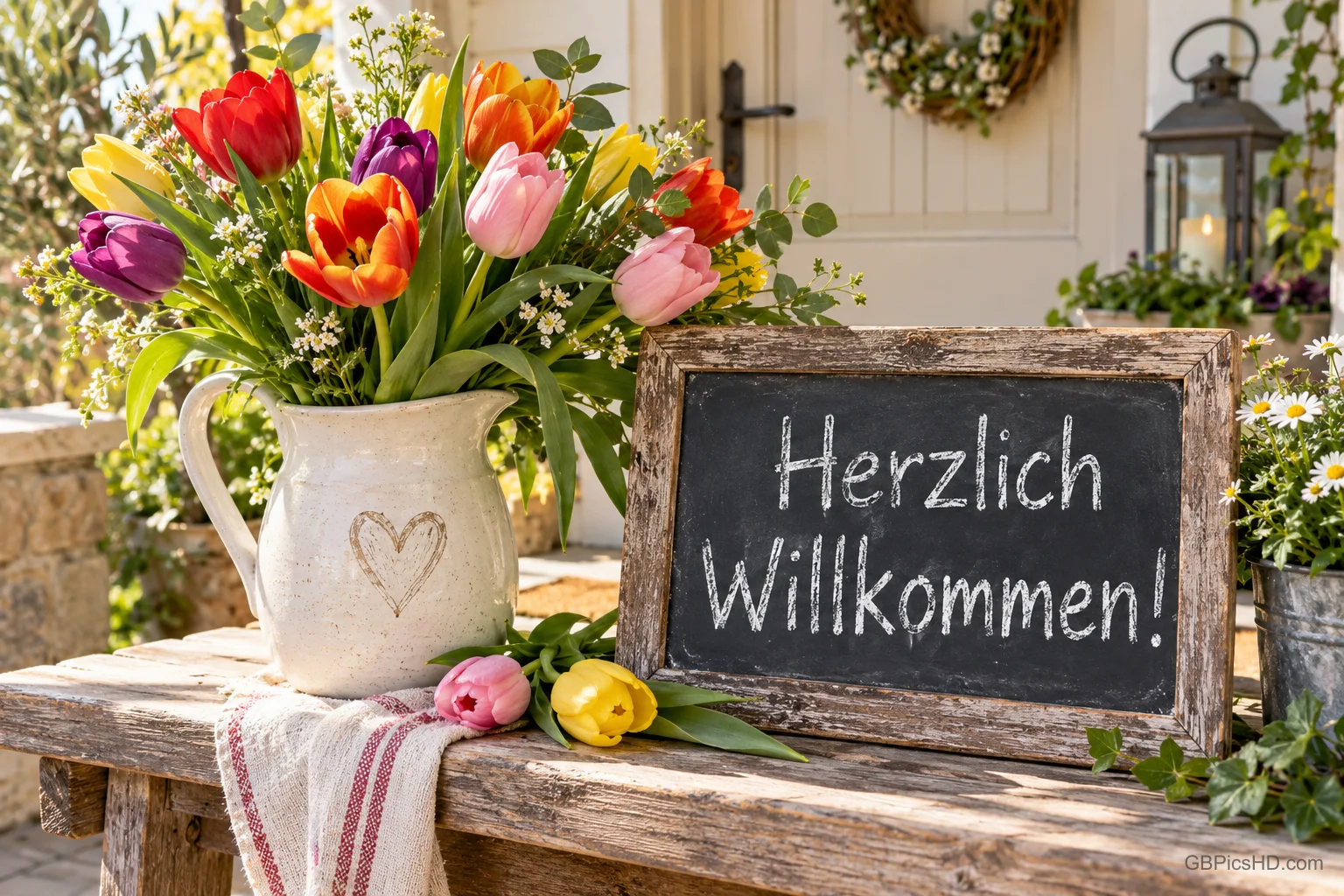 Bunte Tulpen in einem Krug stehen neben einer Tafel mit "Herzlich willkommen!" auf einer Holzbank.