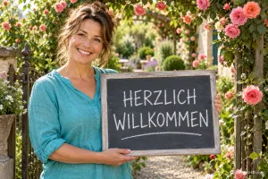 Eine lächelnde Frau hält im Rosengarten eine Tafel mit "HERZLICH WILLKOMMEN".