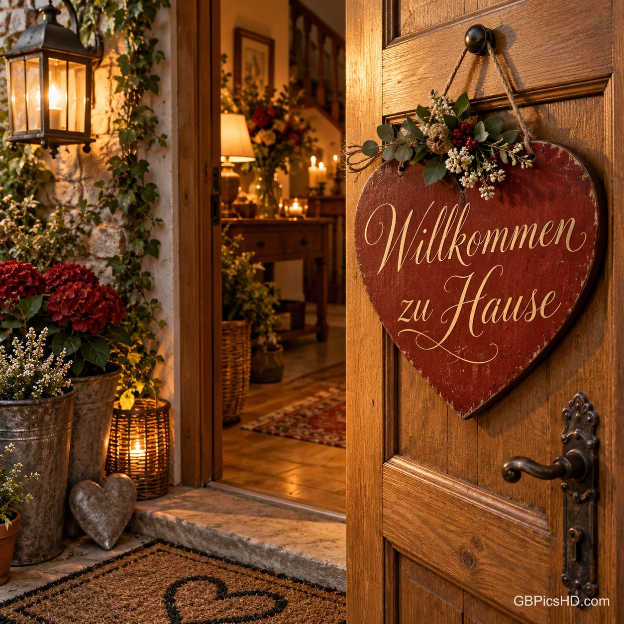 An einer offenen Holztür hängt ein rotes Herz mit "Willkommen zu Hause", daneben leuchten Laternen.