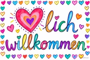 "Herzlich willkommen" in bunten Buchstaben mit einem großen rosa Herz und einem Rahmen aus kleinen bunten Herzen.
