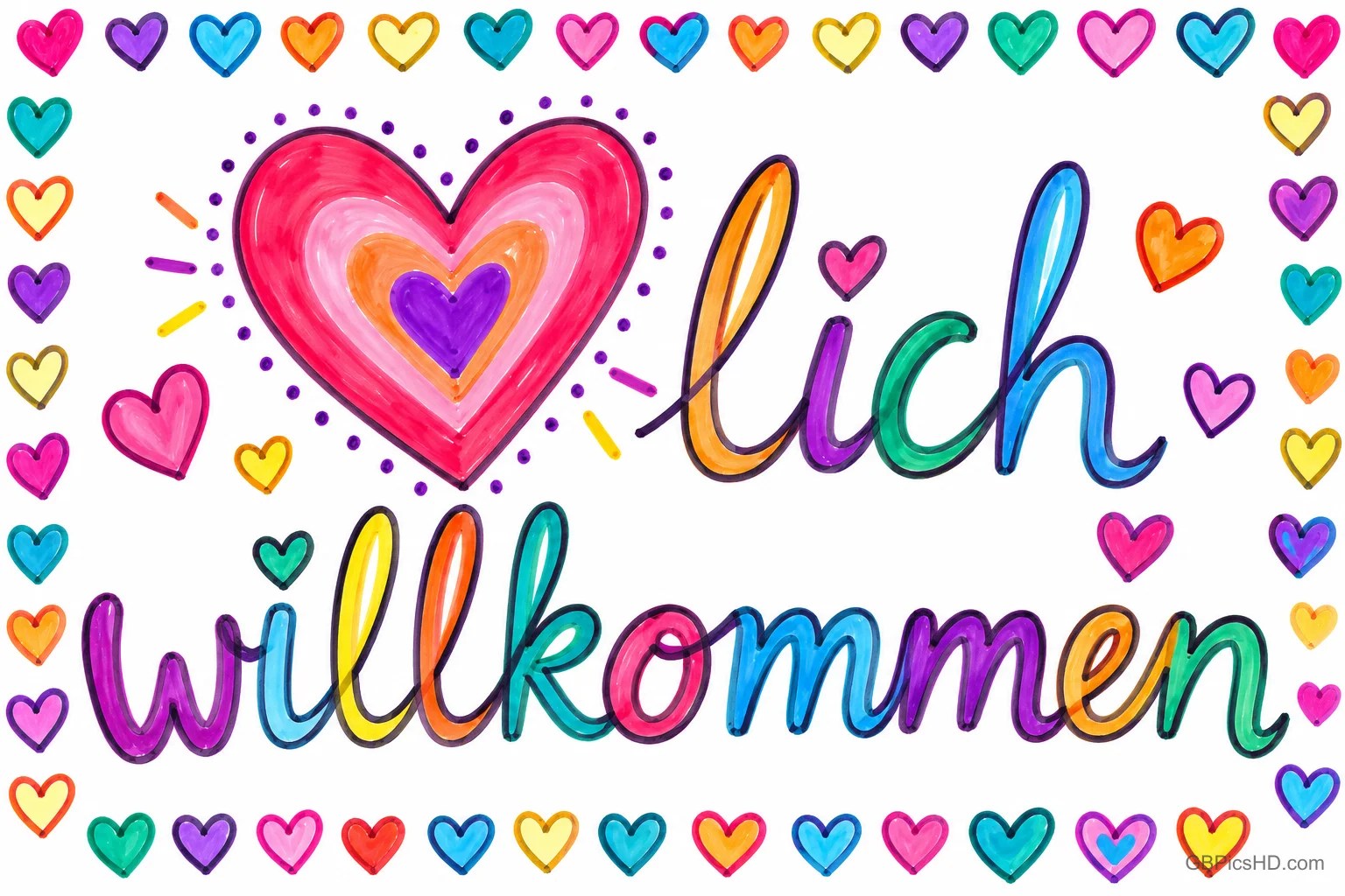 "Herzlich willkommen" in bunten Buchstaben mit einem großen rosa Herz und einem Rahmen aus kleinen bunten Herzen.