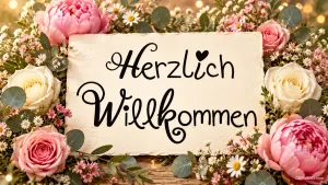 Eine cremefarbene Karte mit "Herzlich Willkommen" liegt zwischen rosa und weißen Blüten, Eukalyptus und goldenem Lichterglanz.