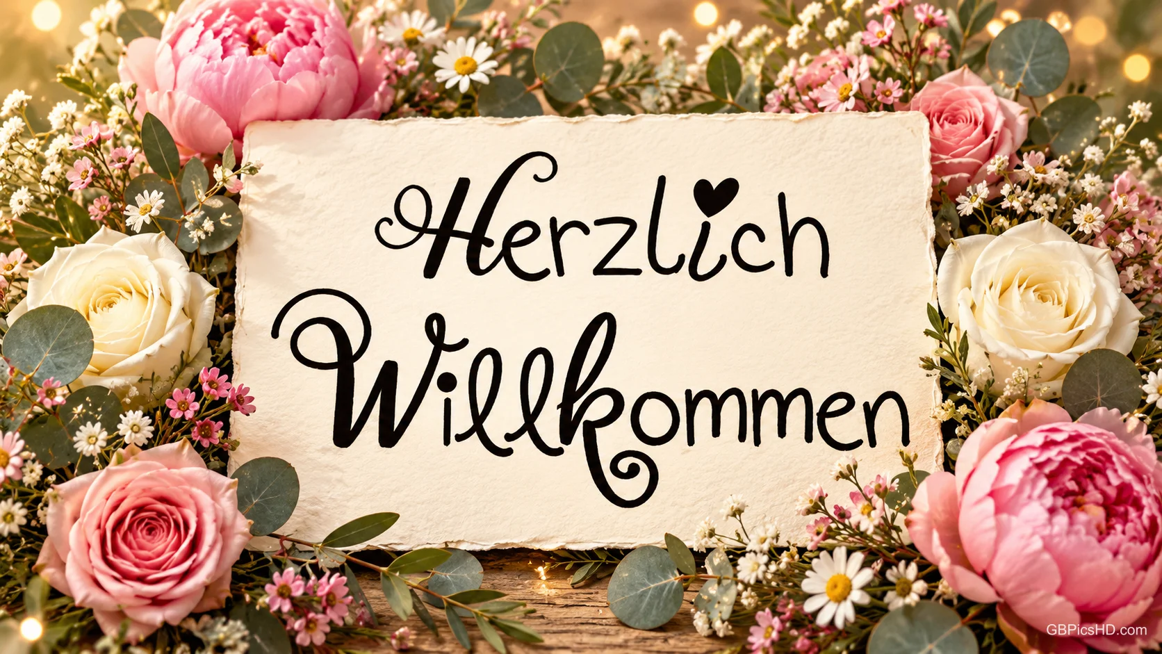 Eine cremefarbene Karte mit "Herzlich Willkommen" liegt zwischen rosa und weißen Blüten, Eukalyptus und goldenem Lichterglanz.