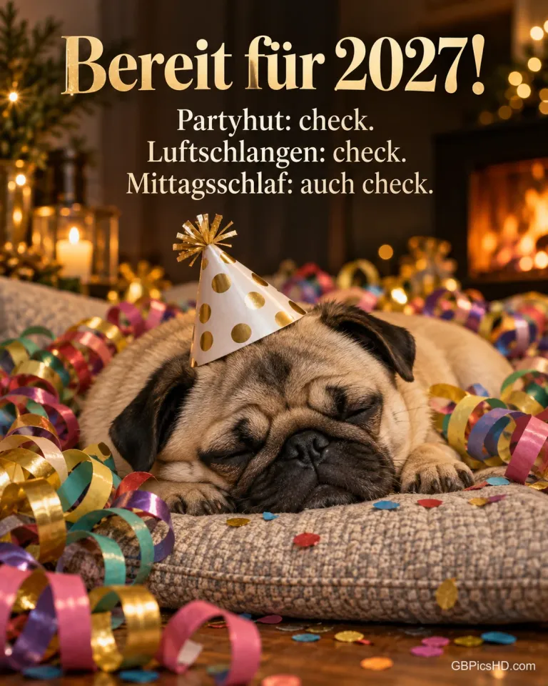 Ein Mops mit Partyhut döst auf einem Kissen zwischen bunten Luftschlangen und Konfetti, dazu "Bereit für 2027!".