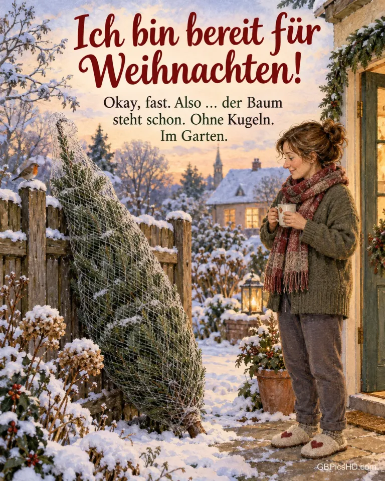 Ein noch eingenetzter Tannenbaum lehnt am verschneiten Gartenzaun, eine Frau in Hausschuhen mit Tasse schaut ihn an, dazu „Ich bin bereit für Weihnachten!“.