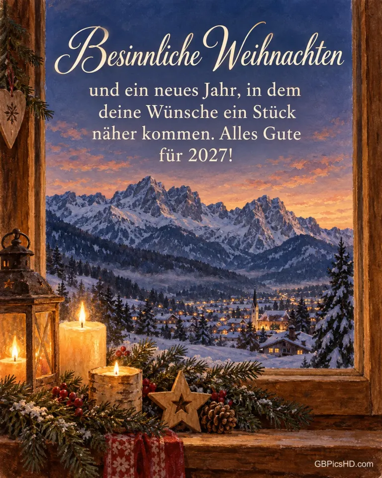 Kerzen am Fenster mit Blick auf das verschneite Wettersteingebirge über Garmisch-Partenkirchen in der Dämmerung, dazu „Besinnliche Weihnachten“.