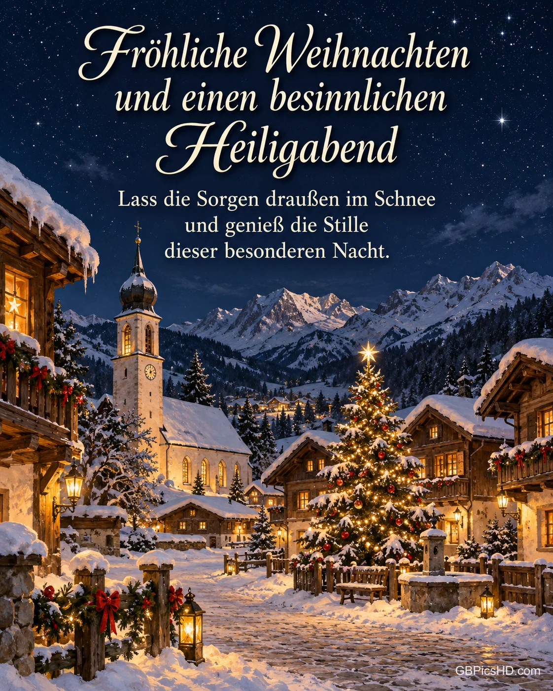 Ein verschneites Bergdorf unter dem Sternenhimmel mit Kirchturm und Weihnachtsbaum auf dem Dorfplatz, dazu "Fröhliche Weihnachten und einen besinnlichen Heiligabend".