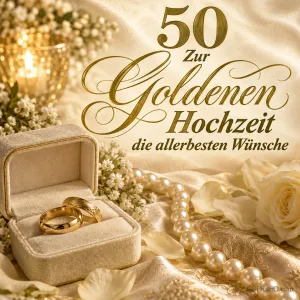 Zwei goldene Ringe im offenen Etui, Perlen und eine weiße Rose begleiten "Zur goldenen Hochzeit die allerbesten Wünsche".