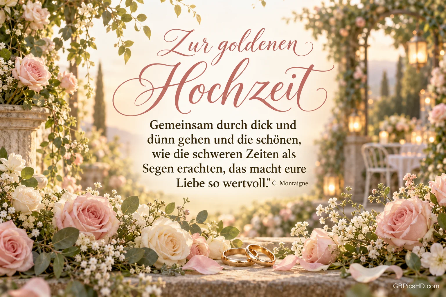Rosa und weiße Rosen, zwei goldene Ringe und Laternen rahmen den Gruß "Zur goldenen Hochzeit" ein.