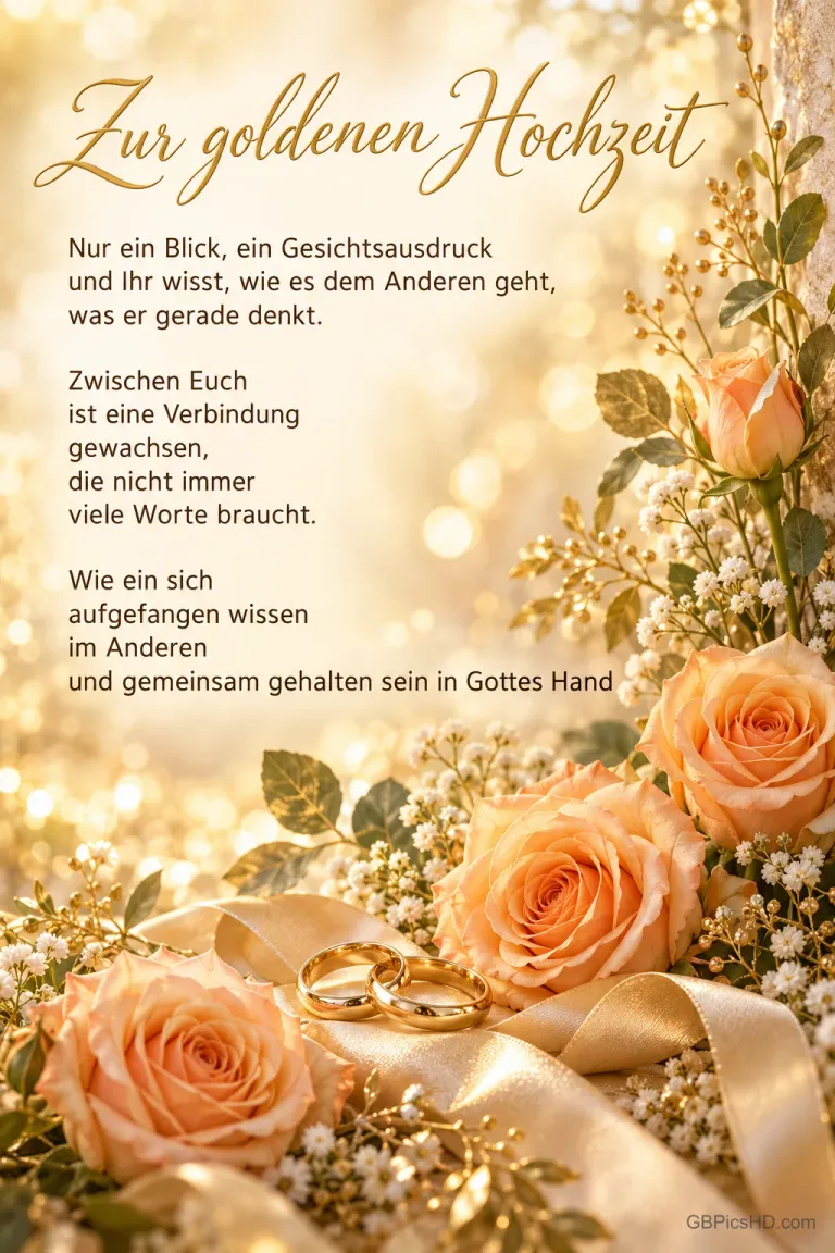Apricotfarbene Rosen, goldene Ringe und eine goldene Schleife schmücken den Gruß "Zur goldenen Hochzeit".