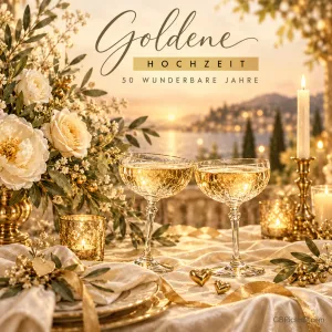Zwei gefüllte Gläser, weiße Rosen, Kerzen und goldene Herzen mit dem Gruß "Goldene HOCHZEIT 50 WUNDERBARE JAHRE".