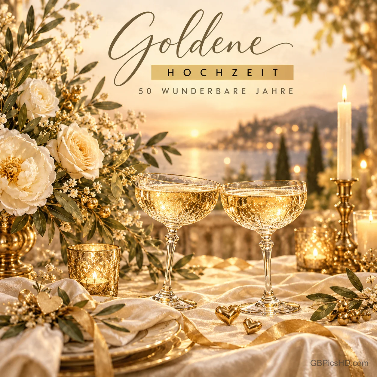 Zwei gefüllte Gläser, weiße Rosen, Kerzen und goldene Herzen mit dem Gruß "Goldene HOCHZEIT 50 WUNDERBARE JAHRE".