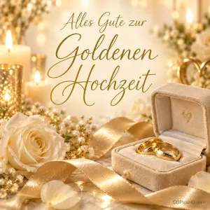 Zwei goldene Ringe in einer offenen Schatulle, eine weiße Rose und Kerzen mit "Alles Gute zur Goldenen Hochzeit".