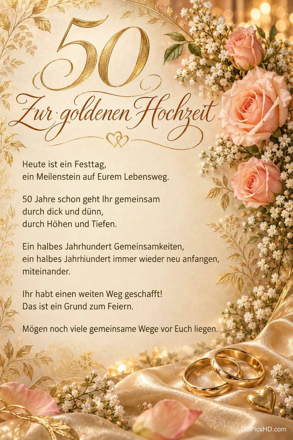 Eine goldene 50, rosa Rosen und zwei Ringe auf Satin rahmen "Zur goldenen Hochzeit" und einen langen Glückwunschtext.