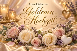 Weiße und rosa Rosen, violette Blüten, Kerzen und ein weißes Herz schmücken den Gruß "Alles Liebe zur Goldenen Hochzeit".