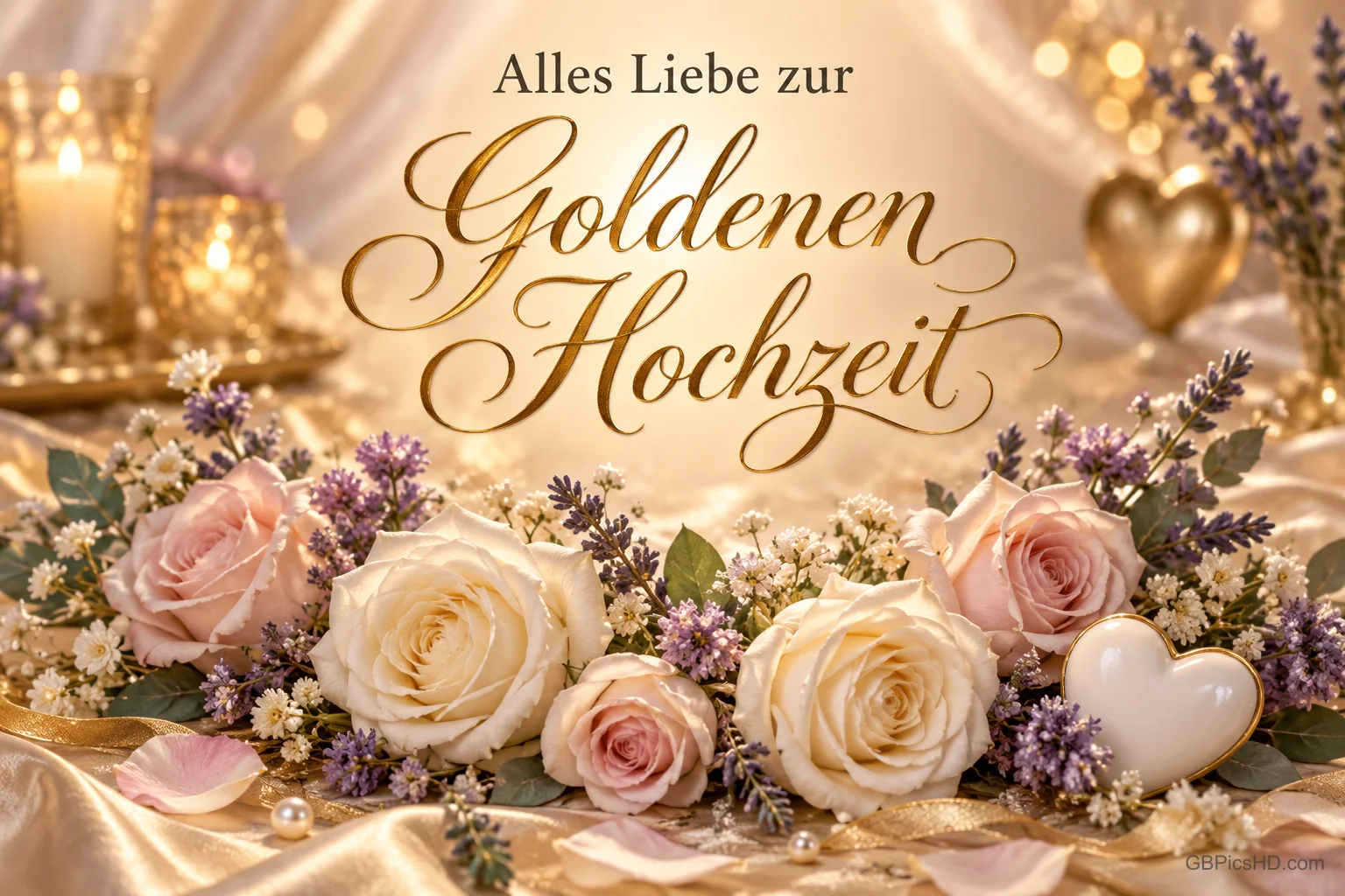 Weiße und rosa Rosen, violette Blüten, Kerzen und ein weißes Herz schmücken den Gruß "Alles Liebe zur Goldenen Hochzeit".