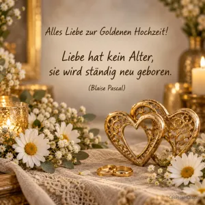 Goldene Zierherzen, Ringe und weiße Blüten begleiten "Liebe hat kein Alter, sie wird ständig neu geboren.".