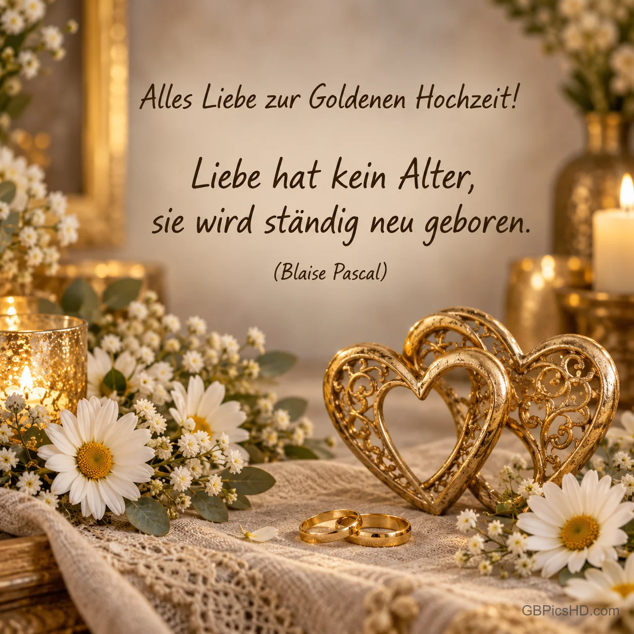 Goldene Zierherzen, Ringe und weiße Blüten begleiten "Liebe hat kein Alter, sie wird ständig neu geboren.". Goldene Zierherzen, Ringe und weiße Blüten begleiten "Liebe hat kein Alter, sie wird ständig neu geboren.".