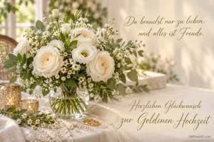 Ein weißer Rosenstrauß in einer Glasvase, Kerzen und zwei Ringe begleiten "Herzlichen Glückwunsch zur Goldenen Hochzeit".