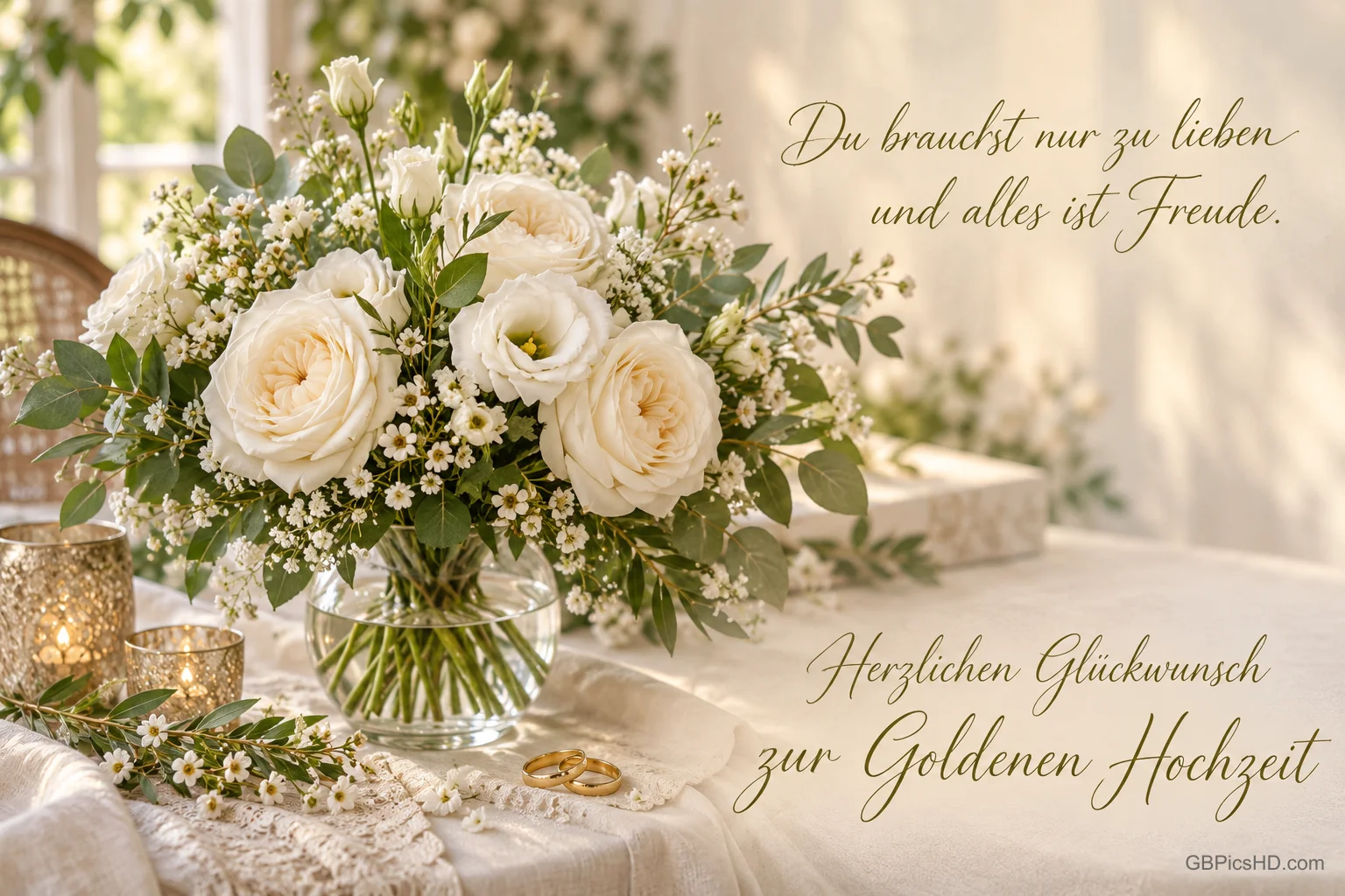 Ein weißer Rosenstrauß in einer Glasvase, Kerzen und zwei Ringe begleiten "Herzlichen Glückwunsch zur Goldenen Hochzeit". Ein weißer Rosenstrauß in einer Glasvase, Kerzen und zwei Ringe begleiten "Herzlichen Glückwunsch zur Goldenen Hochzeit".