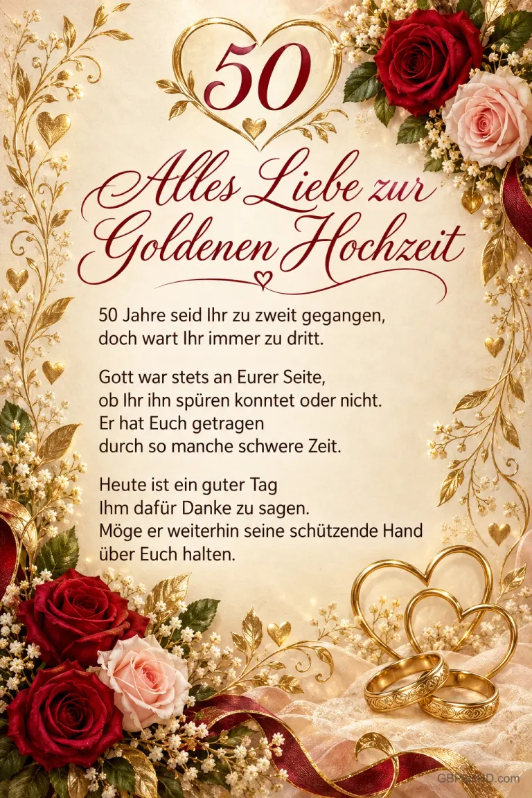 Rote und rosa Rosen, goldene Herzen, Ringe und eine 50 umrahmen "Alles Liebe zur Goldenen Hochzeit" und einen Segenswunsch.