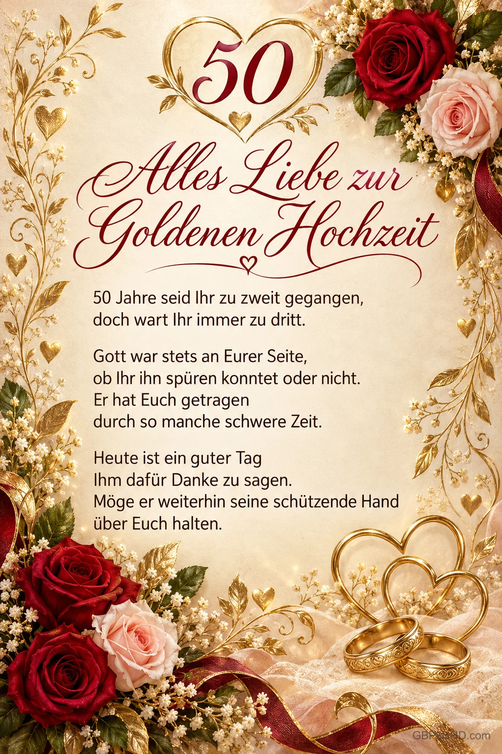 Rote und rosa Rosen, goldene Herzen, Ringe und eine 50 umrahmen "Alles Liebe zur Goldenen Hochzeit" und einen Segenswunsch. Rote und rosa Rosen, goldene Herzen, Ringe und eine 50 umrahmen "Alles Liebe zur Goldenen Hochzeit" und einen Segenswunsch.