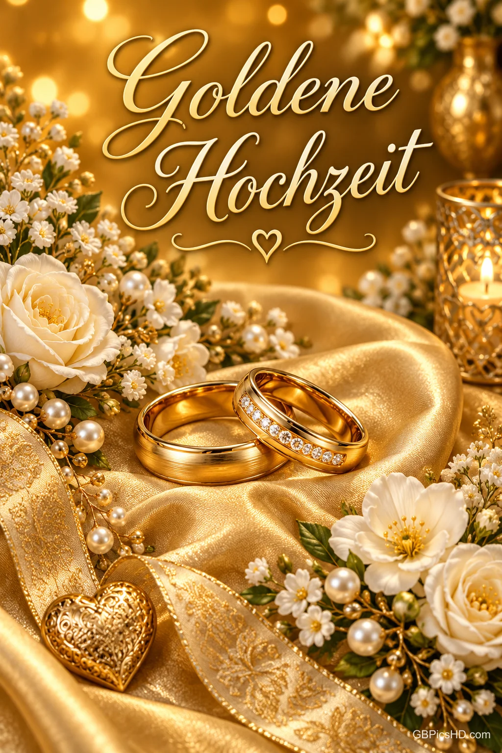 Goldene Eheringe liegen auf goldenem Stoff zwischen weißen Blumen und Perlen unter "Goldene Hochzeit".