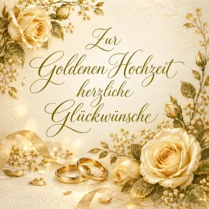 Cremefarbene Rosen, goldene Blätter, ein Band und zwei Ringe schmücken "Zur Goldenen Hochzeit herzliche Glückwünsche".