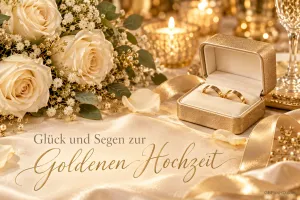 Weiße Rosen, Kerzen und zwei goldene Ringe in einer offenen Schatulle mit "Glück und Segen zur Goldenen Hochzeit".